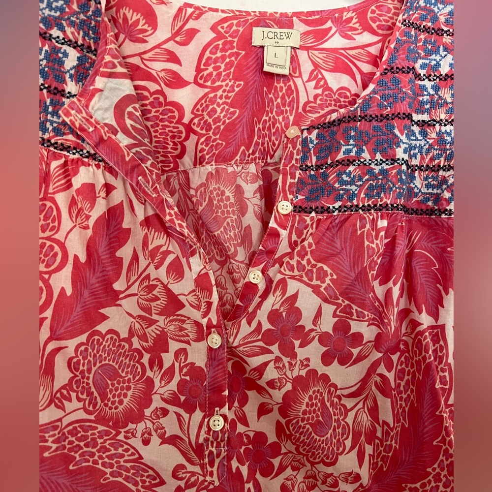NWOT J. Crew Pink Floral Blouse with Blue Embroidery Detail Sz L - Picture 6 of 10